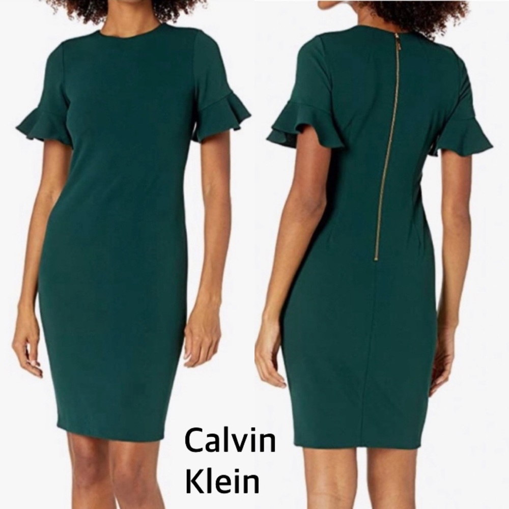 NEW Calvin Klein Fall Green Ruffle Short Sleeve Pencil Sheath Formal Dress 10 - Picture 1 of 17